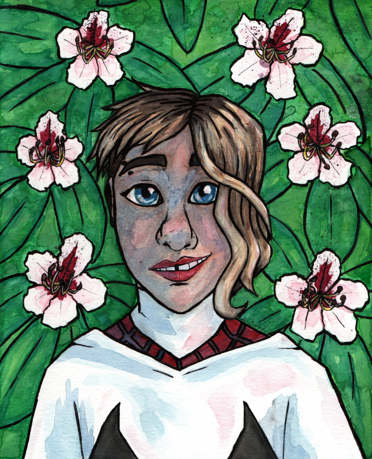 Watercolor painting of Gwen Stacy as Spider-Woman with her mask down. In the background are six white-and-red rhododendron flowers and green rhododendron leaves.
